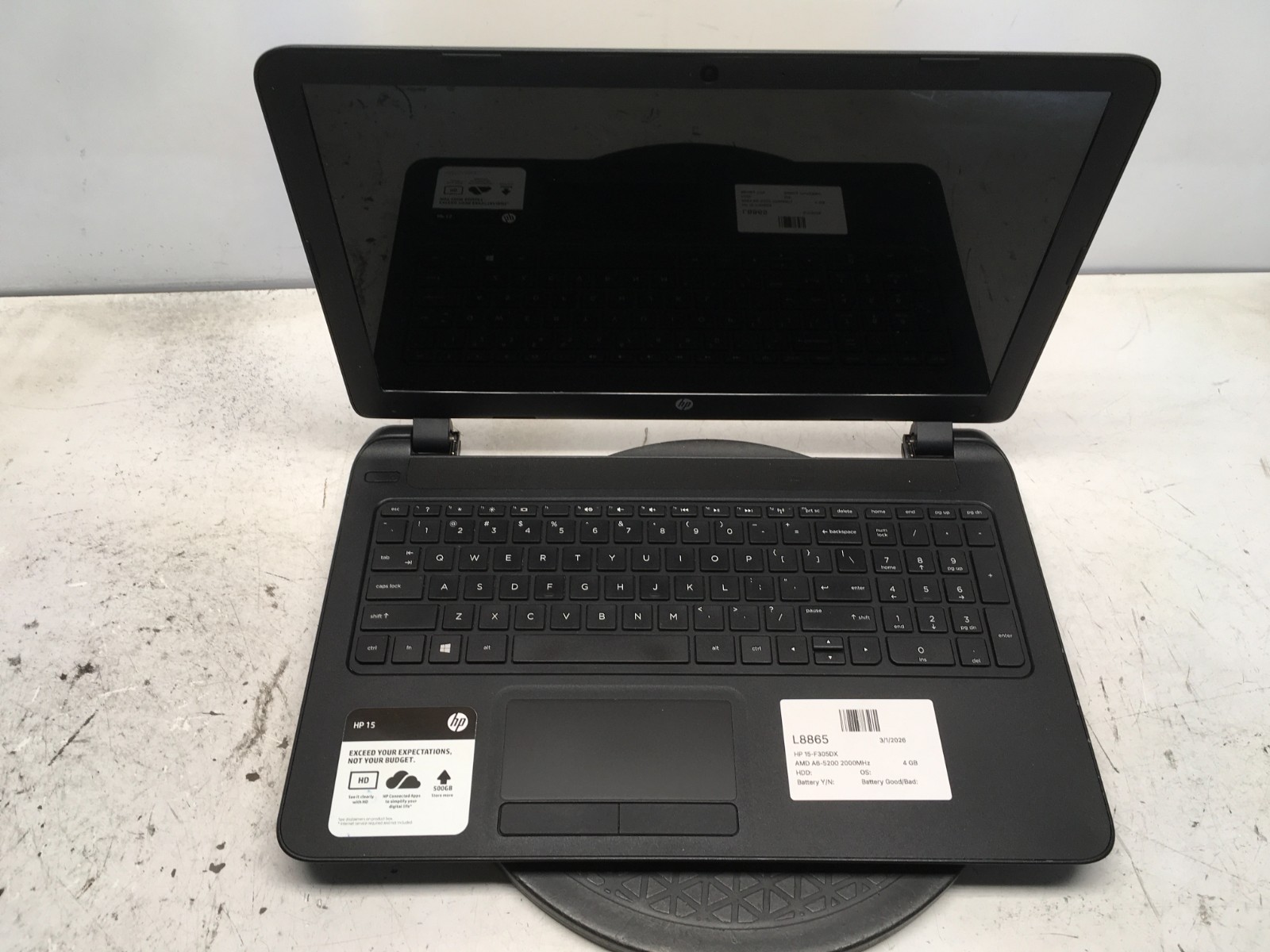 HP 15-F305DX AMD A6-5200 2000MHz 4 GB NO HDD