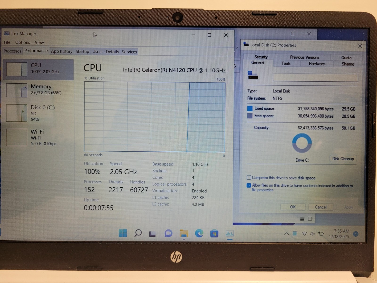 Hp laptop 14-dq0052dx celeron N4120 1.1ghz 4gb ram 62gb eMMc charger 5CD4208H4Z