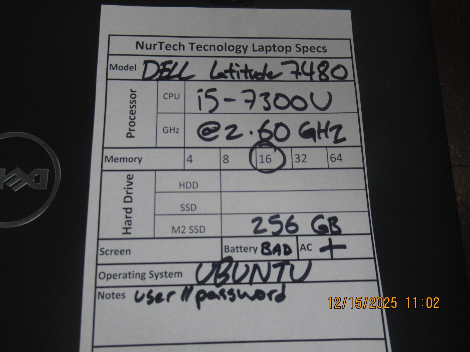DELL LATITUDE 7480 i5 7300U 2.60GHz 16GB 256GB SSD Linux Laptop+AC [Bad Battery