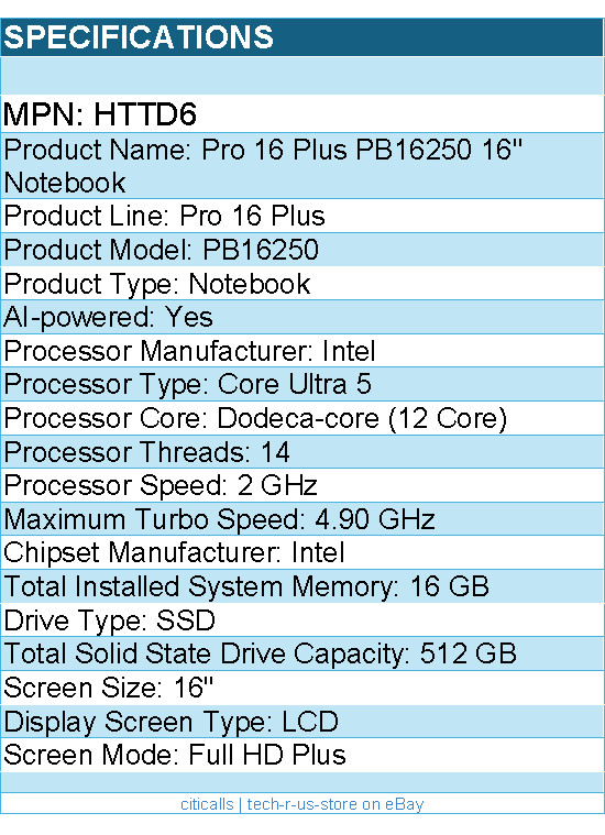 Dell HTTD6 Pro 16 Plus PB16250 16″ Notebook – Full HD Plus – 60 Hz