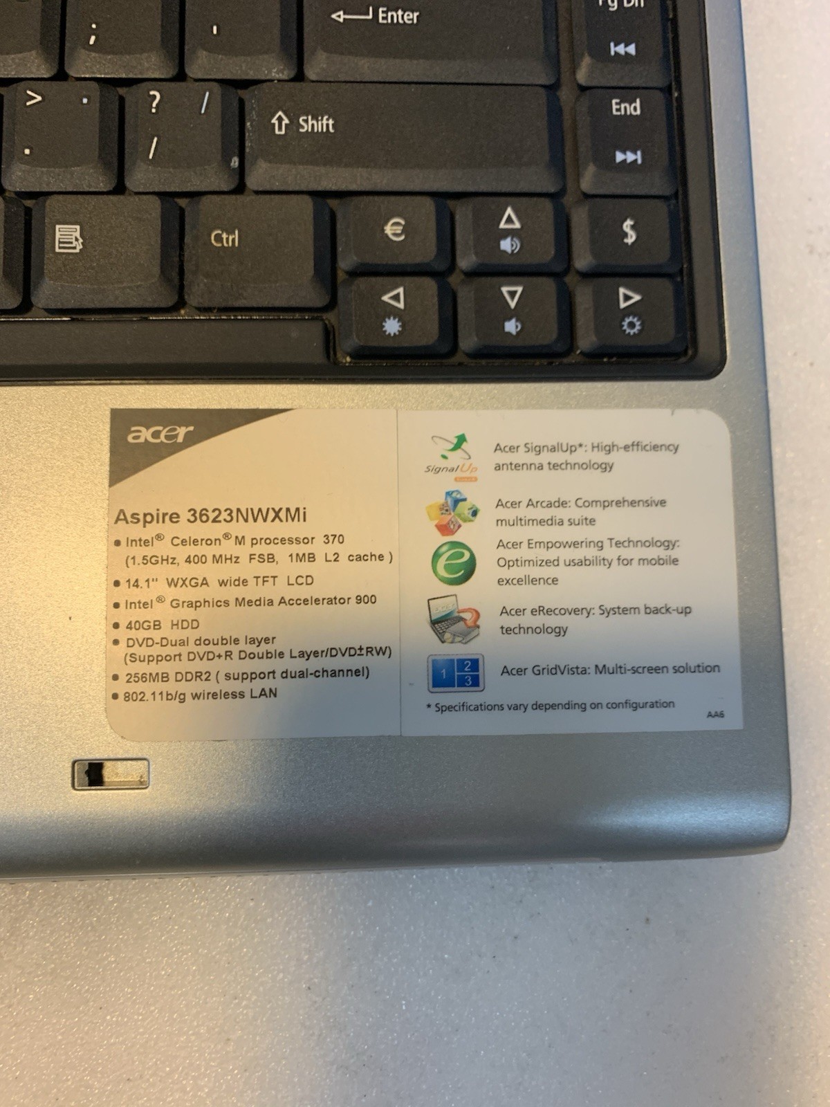 Acer Aspire 3623NWXMi Celeron 1.5GHZ 512MB 40GB laptop Windows XP pro SP3