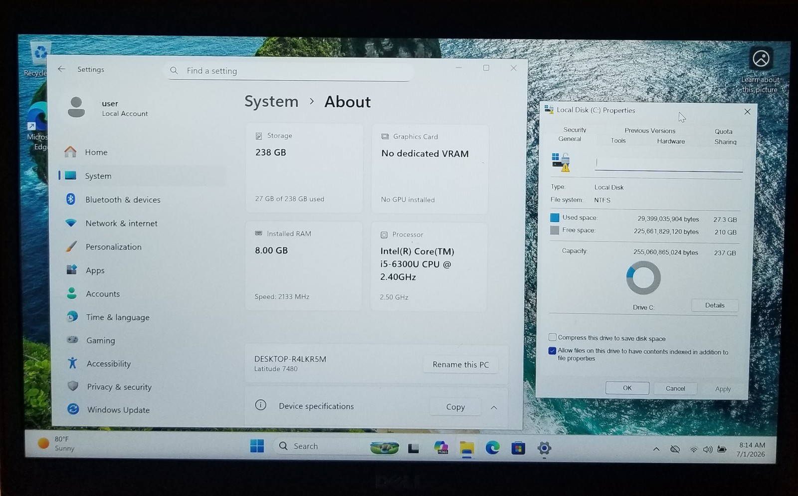 Dell Latitude 7480 Core i5-6300U 14” 2.4GHz 8GB 256GB SSD Windows 11 Pro BAD BA