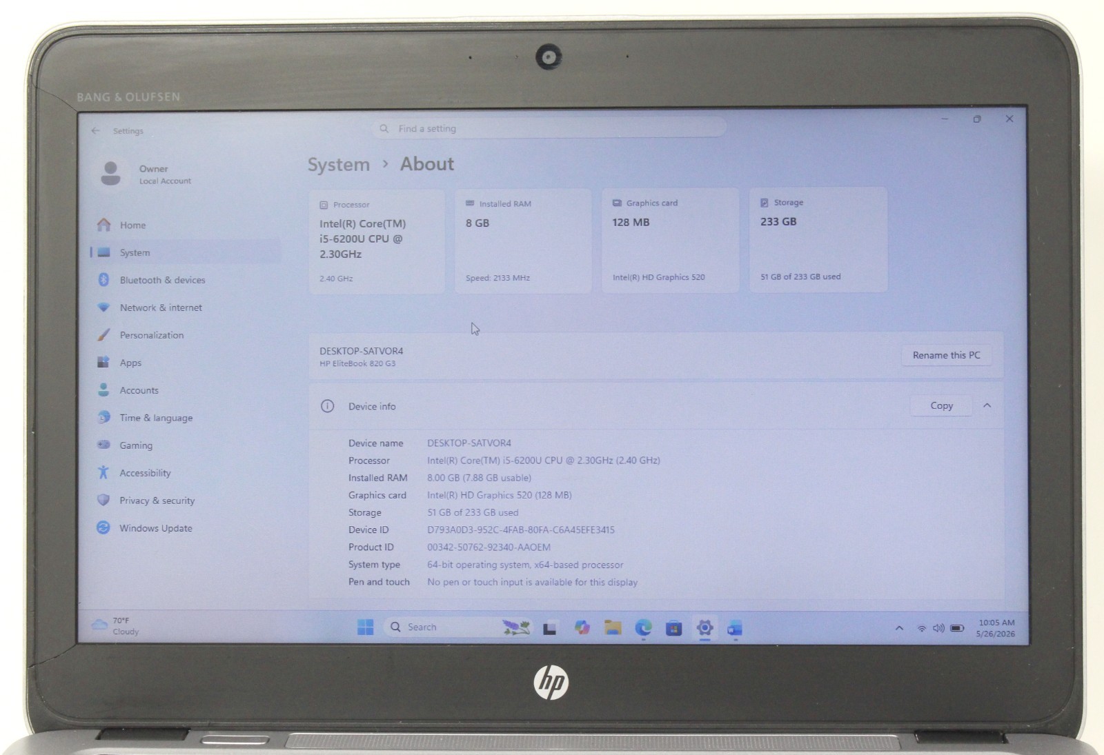 HP Elitebook 820 G3 12.5″ 2.3GHz i5-6200U 256GB SSD 8GB RAM Win 11 Pro ; 6181266