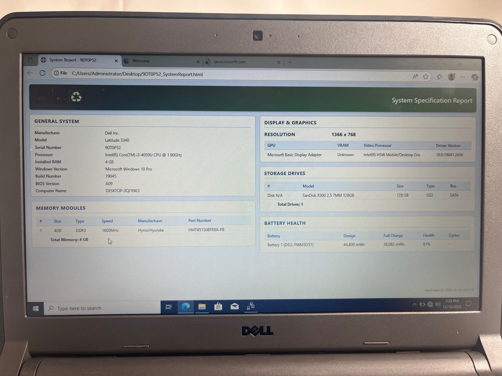 Dell Latitude 3340 i3-4030U 1.9GHz 4GB 128GB SSD 13.3″ Win10