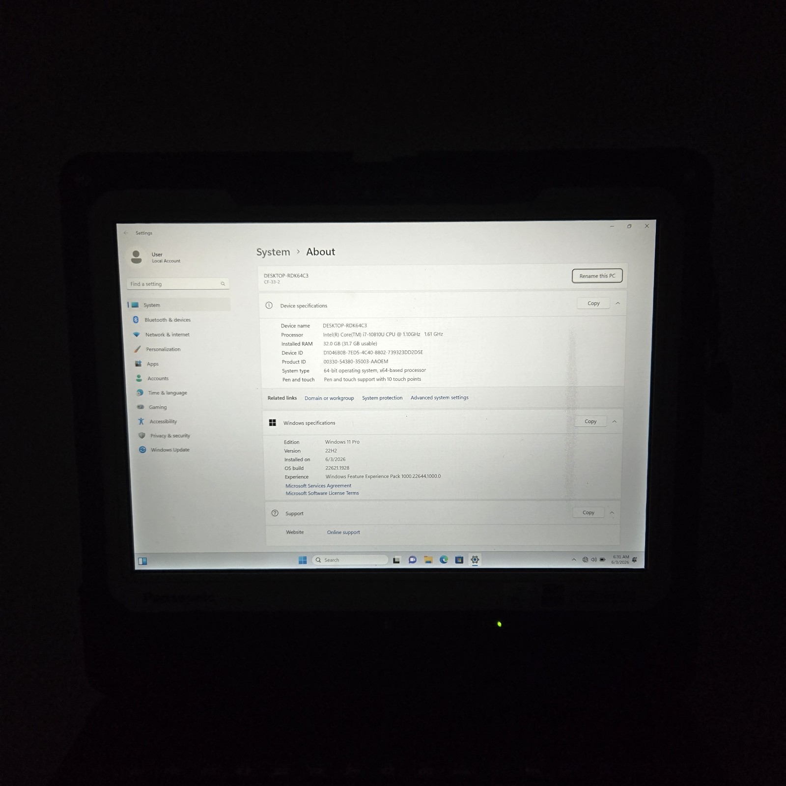 Panasonic Toughbook CF-33 i7-10810U 1.1GHz 512GB SSD 32GB Ram 4G GPS — Grade B