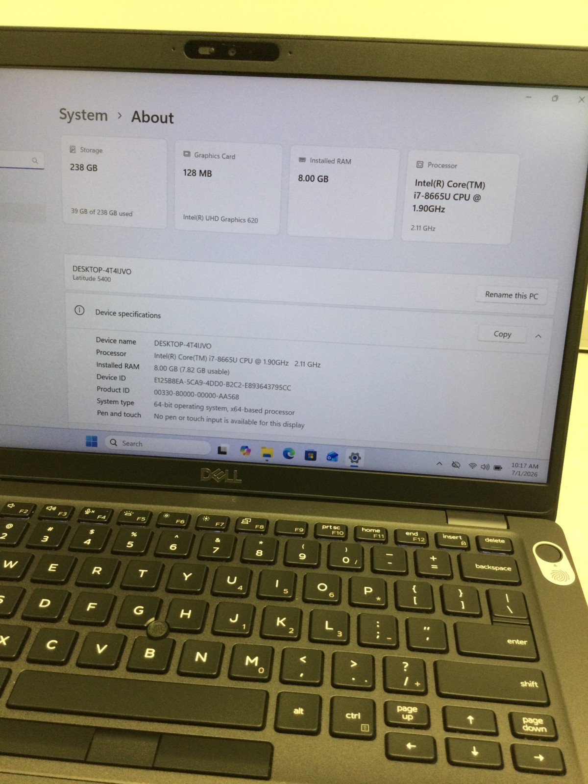 Dell Latitude 5400 14” Core i7-8665U 1.90GHz 8GB RAM 256GB SSD win 11 pro