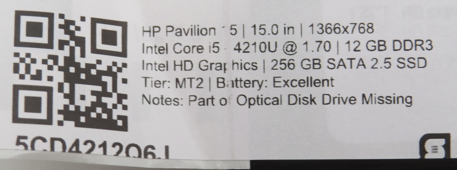 HP Pavilion 15 | i5-4210U @ 1.7GHz | 12GB DDR3 | 256GBSSD | 15″ | No OS