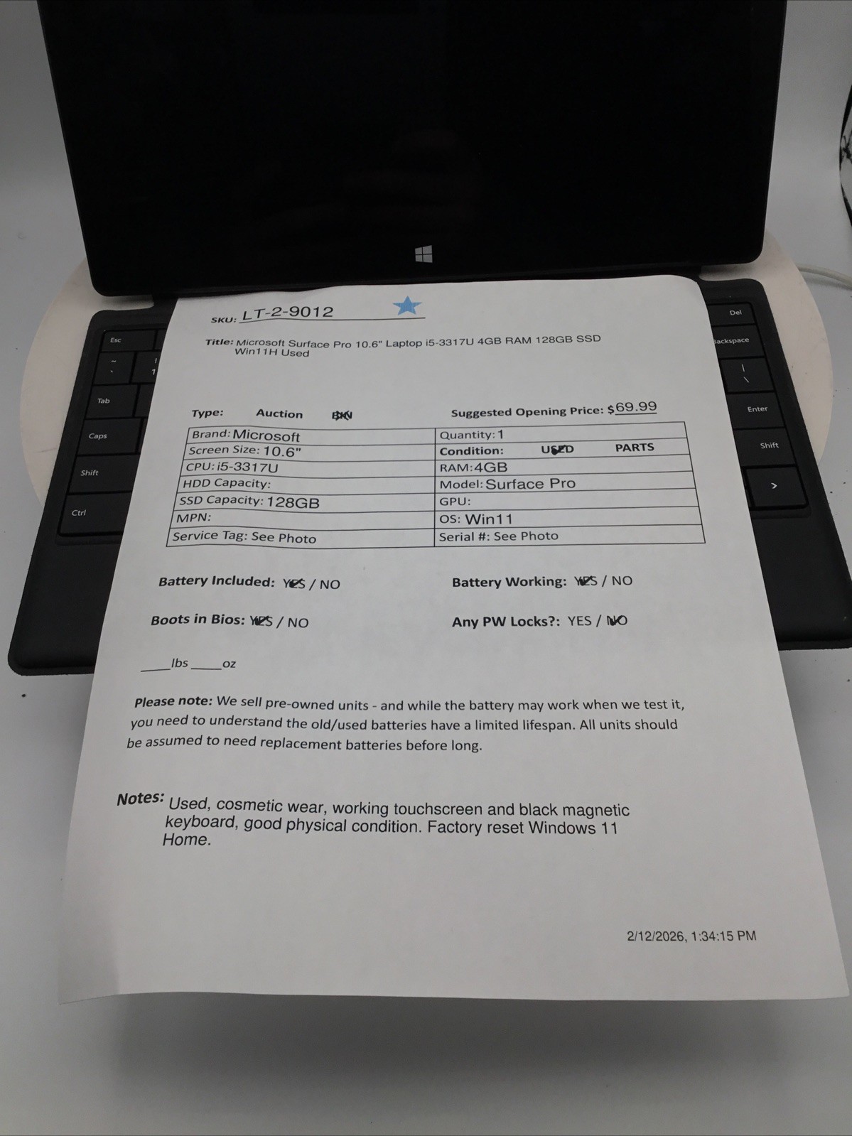 Microsoft Surface Pro 10.6″ Laptop i5-3317U 4GB RAM 128GB SSD Win11H Used