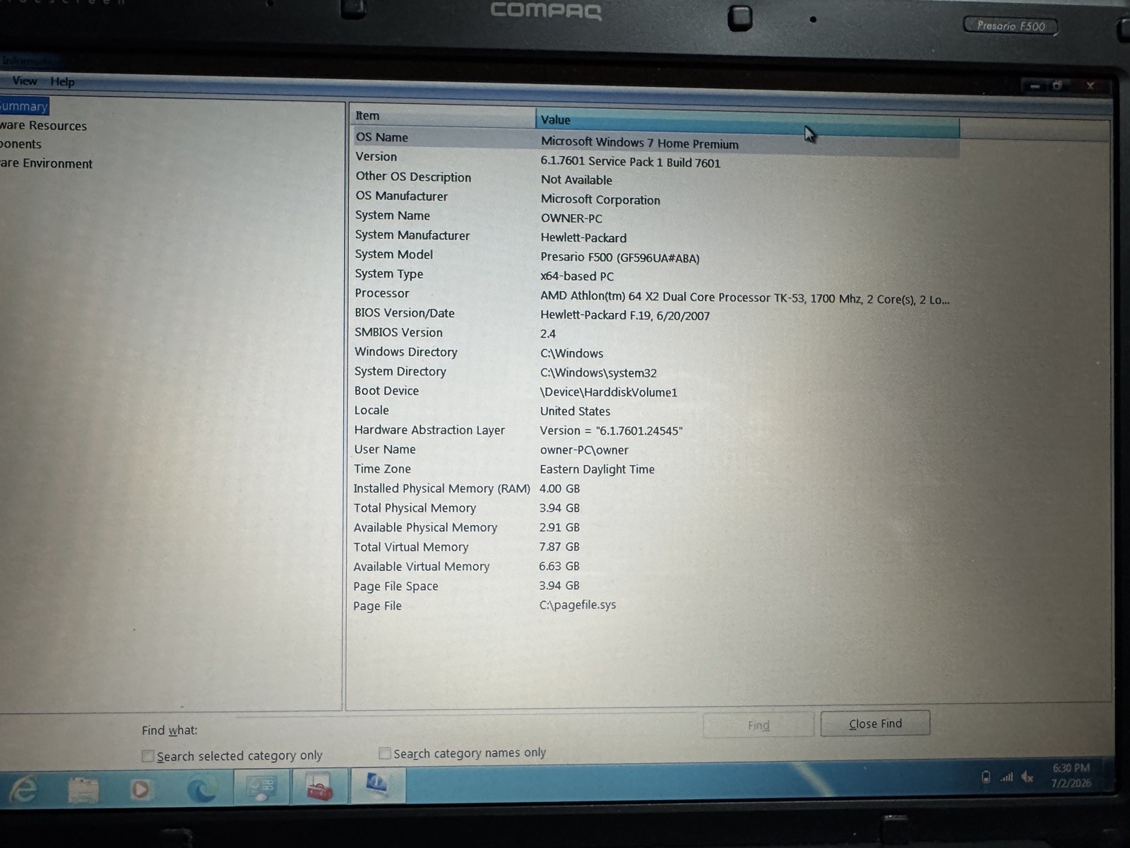 HP Compaq Presario F500 F572US 15.4” 1.7GHz 4GB RAM 160GB HDD DVDRW WiFi Win7x64