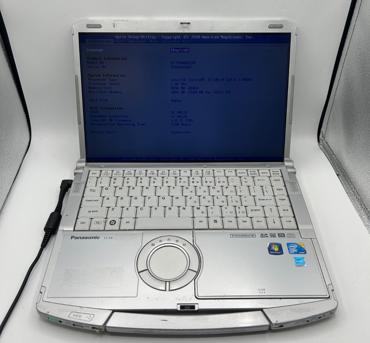 Panasonic Toughbook, CF-F9, i5-M520, 4GB RAM, No HDD, No OS, Rugged Laptop