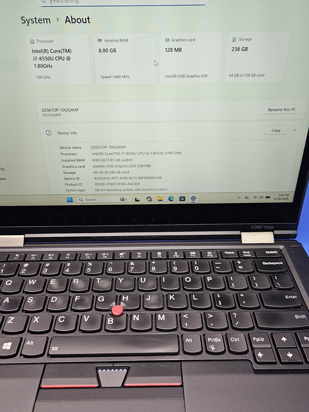 Lenovo ThinkPad X390 Yoga 13.3″ Core i7-8550U @ 1.80GHz 8GB RAM 256GB SSD Win 11