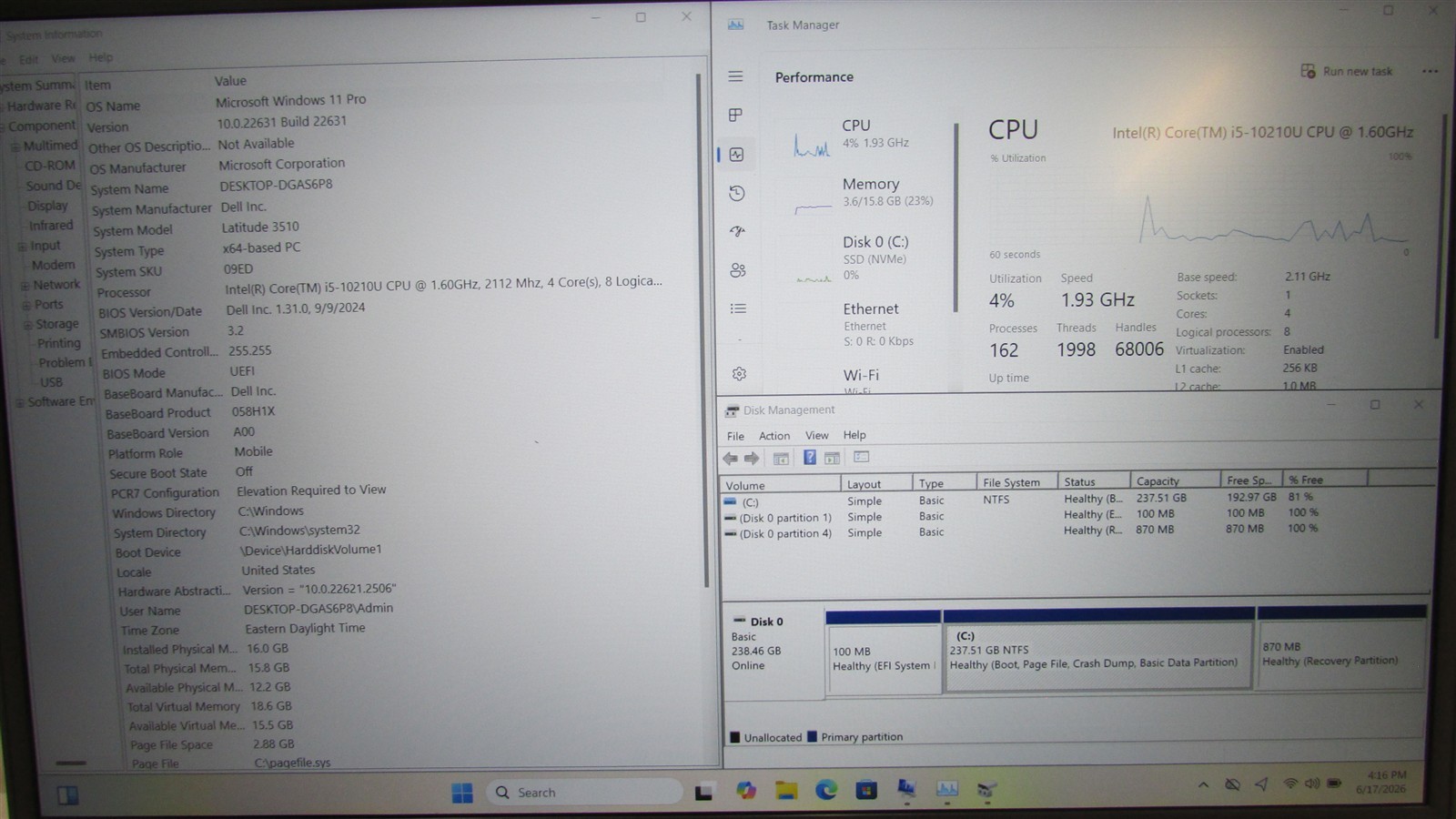 Dell Latitude 3510 i5-10210U 1.6GHz 16GB RAM 256GB NVME 15.6″ Win11 Pro COSM DMG