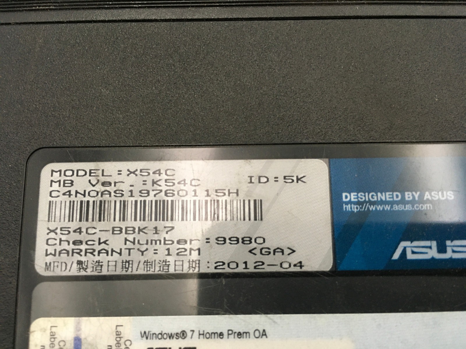 ASUS NOTEBOOK X54C – INTEL PENTIUM B960 – NO RAM – FOR PARTS – READ DESC- BB