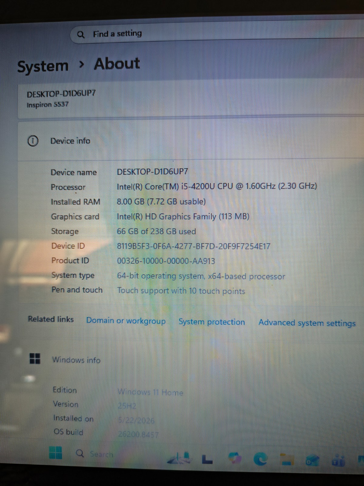 15in Dell Insp 5537 Touch Core i5-4200U@1.36GHz 8GB 256GB SSD Win11Hm New Batt