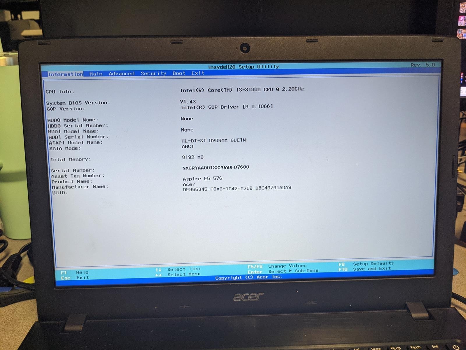 ACER ASPIRE E5-576-392H i3-8130U @ 2.20GHz, 8GB RAM, NO HDD/OS