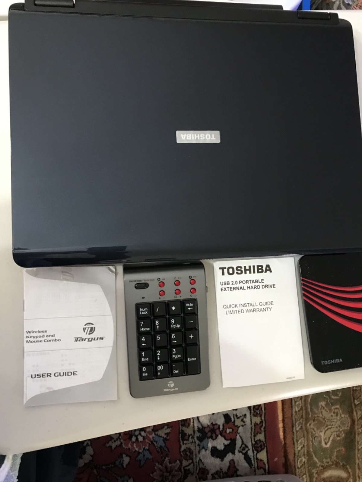 TOSHIBA SATELLITE LAPTOP/POWER CORD/EXTERNAL HARD DRIVE/WIRELESS # KEYPAD/+