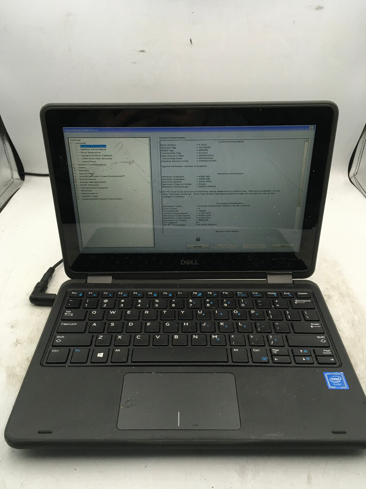 DELL LATITUDE 3190 -BOOTS TO BIOS/LOCKED BIOS- INTEL CELERON N4120 – 4GB RAM -BB