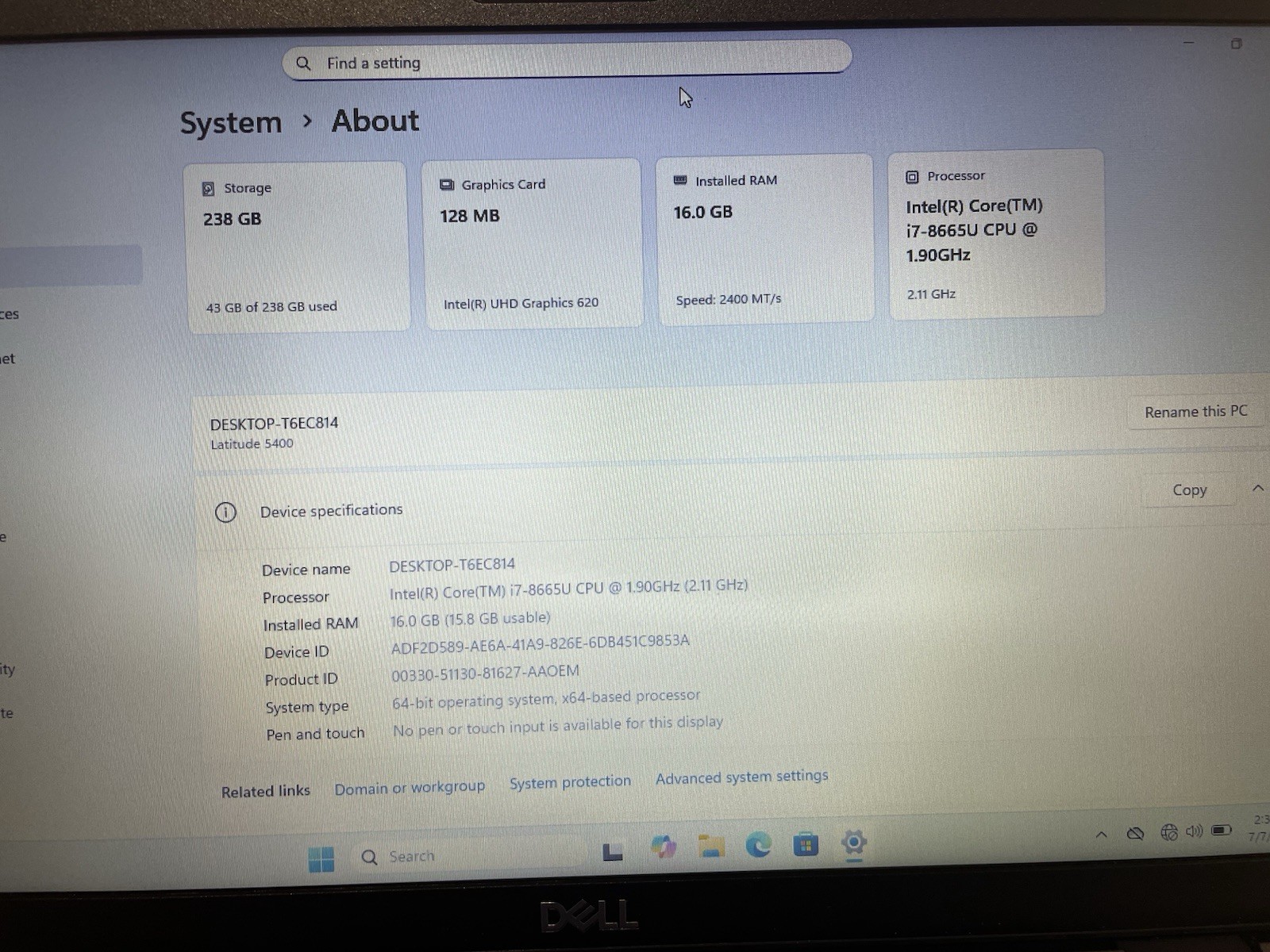 Dell Latitude 5400 256gb Nvme Win 11 i7-8665u 4 Core 2.11ghz 16gb RAM HDMI
