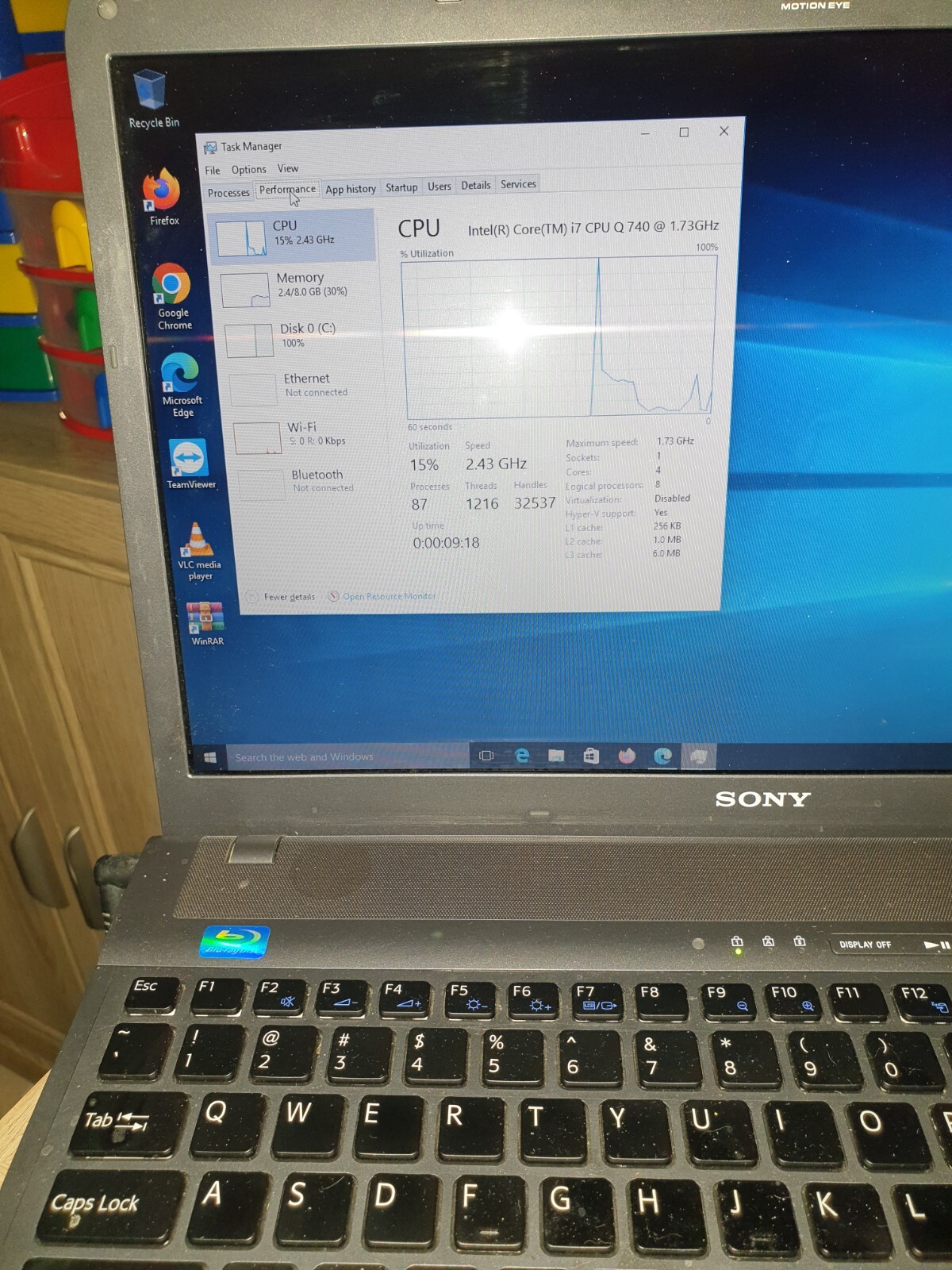 Sony VAIO INTEL CORE I7-740QM 1.73 GHz 16.4IN 750GB 8GB Ram Win 10 Blu-Ray
