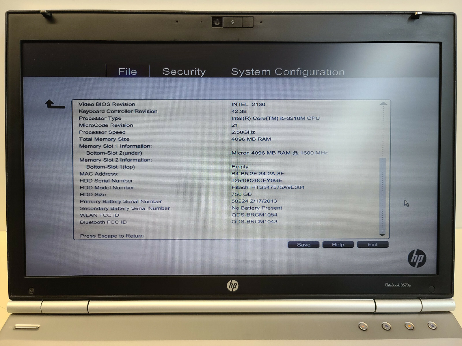 HP EliteBook 8570p 15.6in B8V38UT i5-3210M + 4GB + 750GB + Windows 7 Pro *READ*