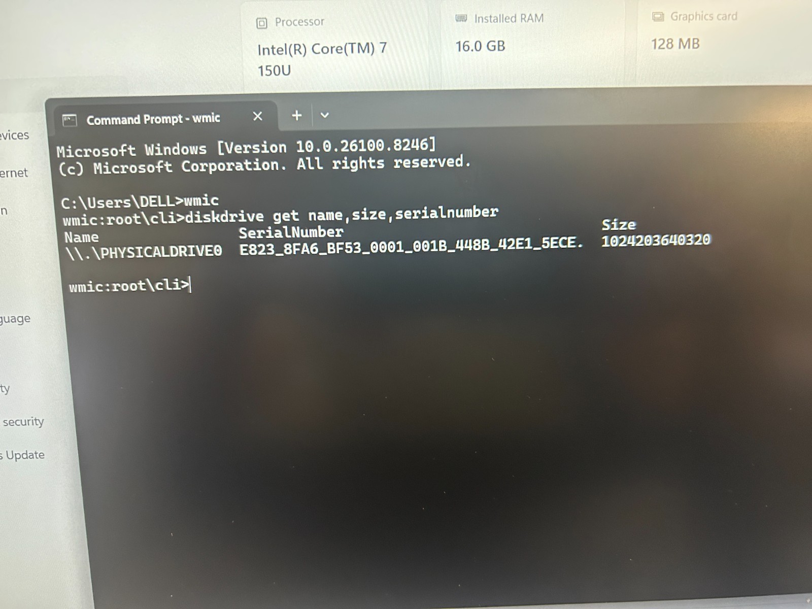 DELL 16 DC16250 MRYT3, Intel Core 7 150U, 1.80 GHz, 16 GB RAM, 1 TB NVMe SSD
