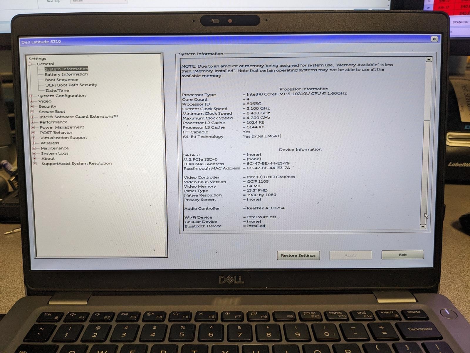 DELL LATITUDE 5310 i5-10210U @ 1.60GHz, 4GB RAM, NO HDD/OS