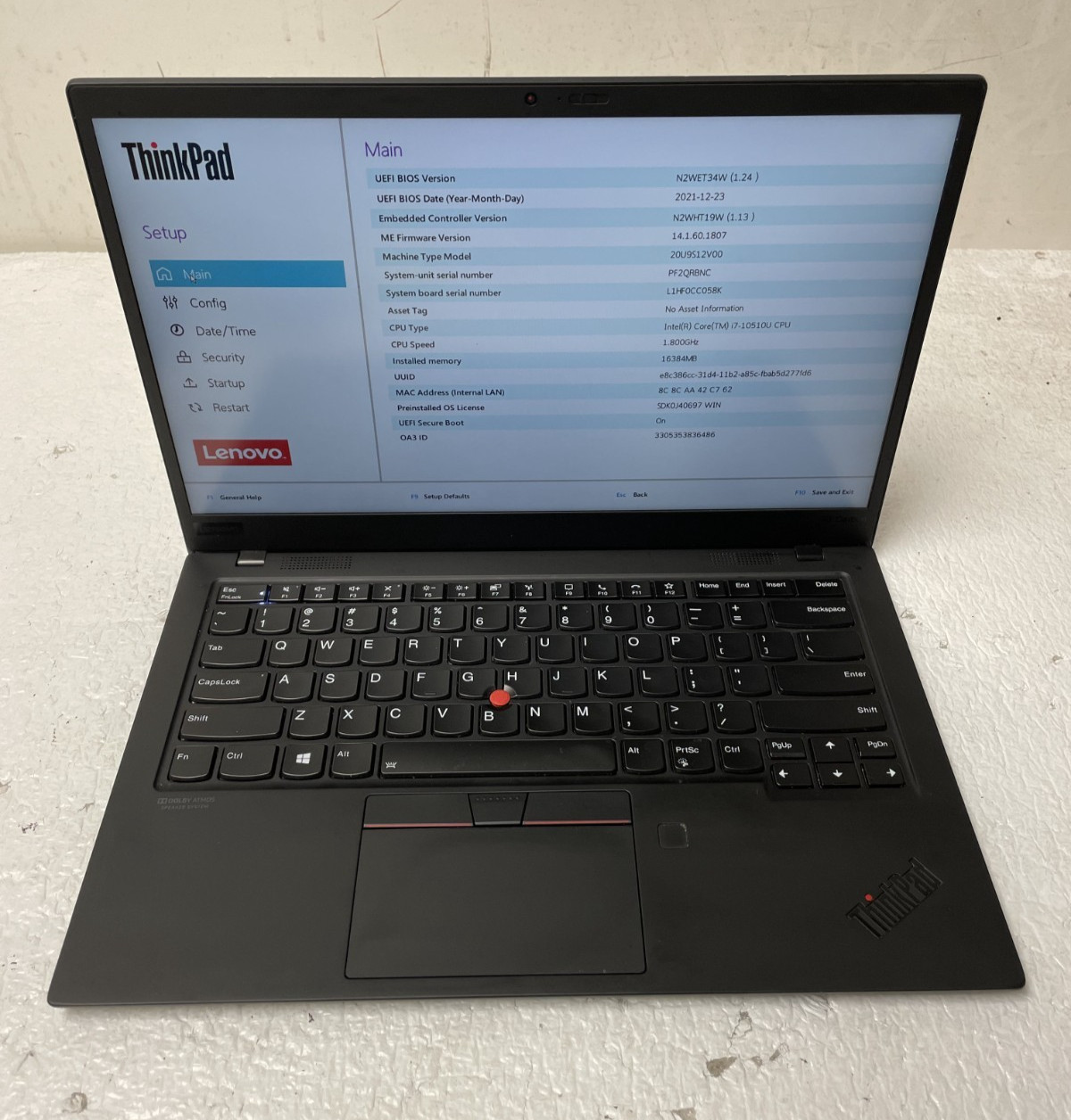 Lenovo Thinkpad X1 Carbon Gen 8 Intel i7-10510U 16GB RAM NO SSD Touchscreen Part