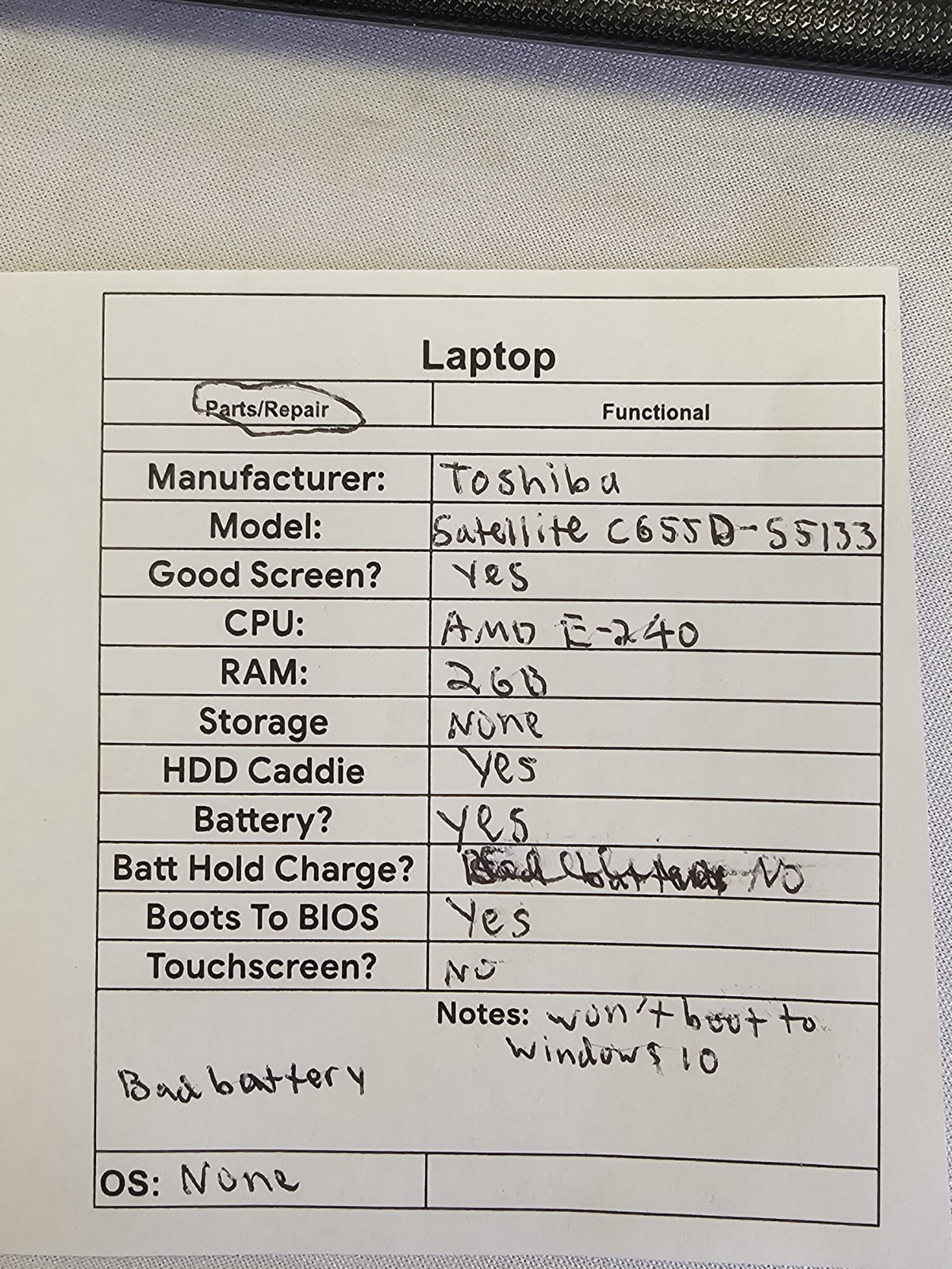Toshiba Satellite C655D-S5133 Laptop – AMD E-240 – 2GB RAM – Parts/Repair – Read