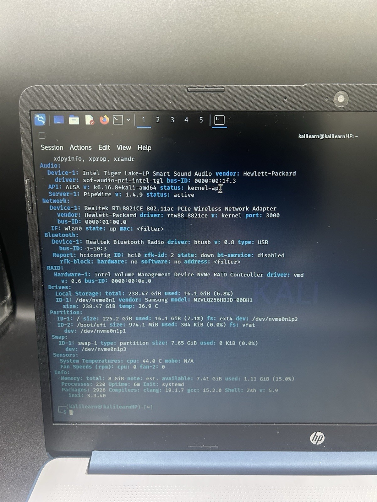 HP 15.6” Laptop Intel Core i3-1115G4 8GB RAM 256GB SSD Kali Linux Installed