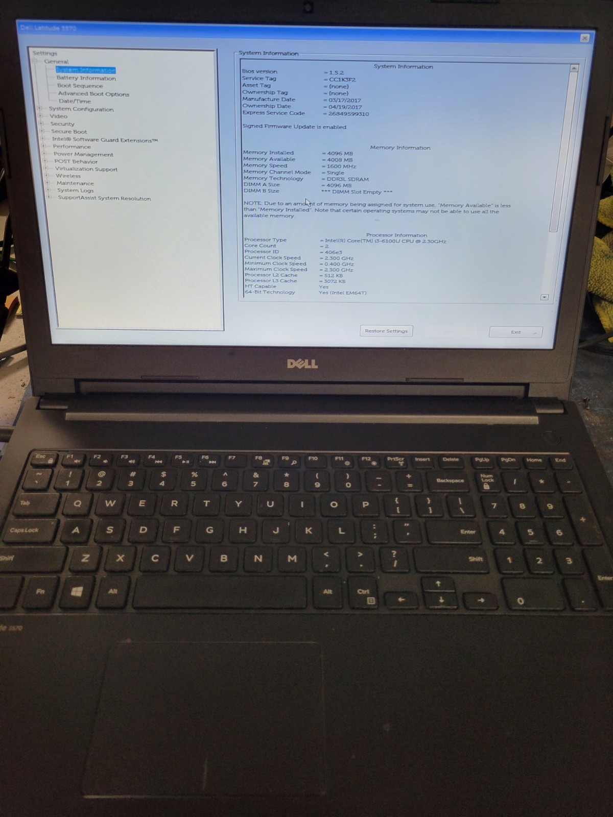 Dell Latitude 3570 i3-6100U@2.3GHz 4GB RAM No HD/OS *BIOS/No battery* | C763