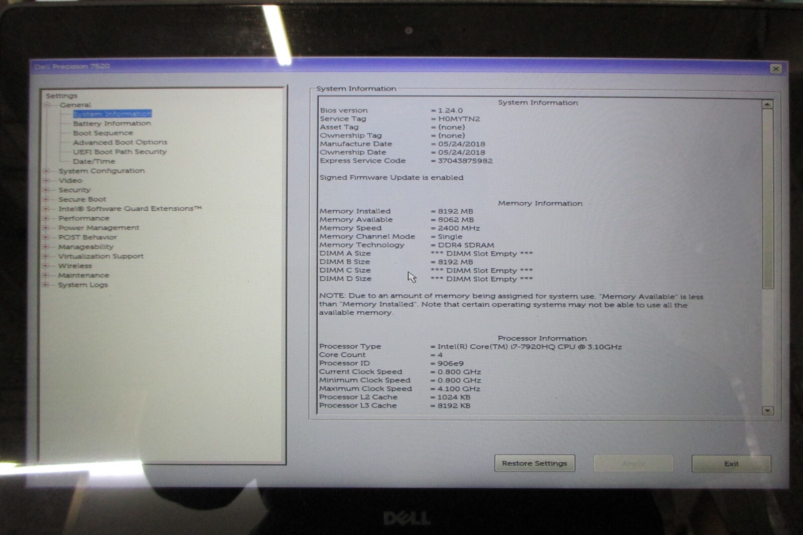 Dell Precision 7520 Intel Core i7-7920HQ 3.1GHz 8GB NO HDD