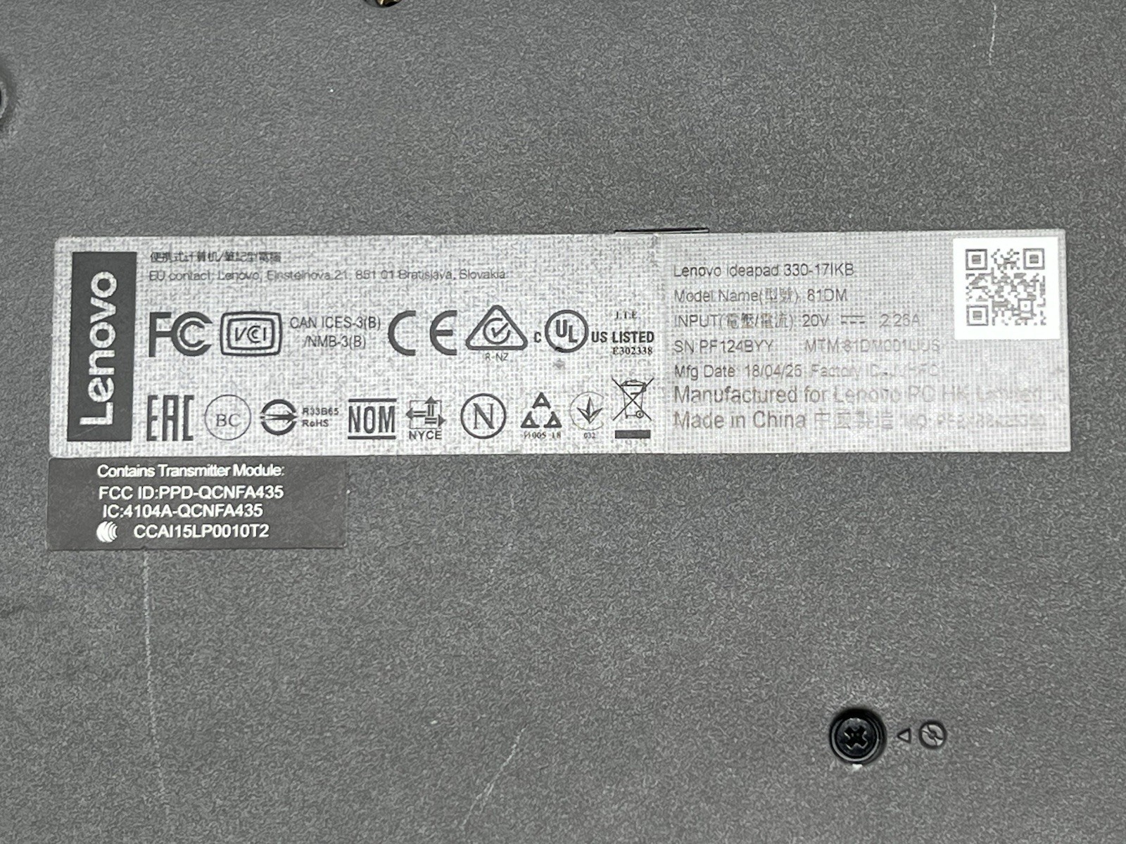 Lenovo IDEAPAD 330-17KB, Core 5 8th, No RAM/HDD/Charger-AS IS