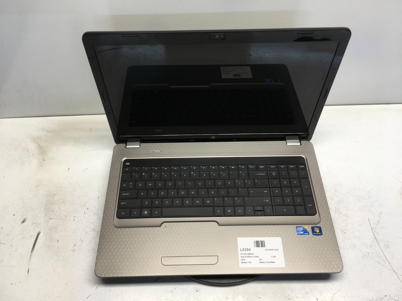 HP G72-B66US Intel i3-M370 2.4GHz 4 GB NO HDD No Batt