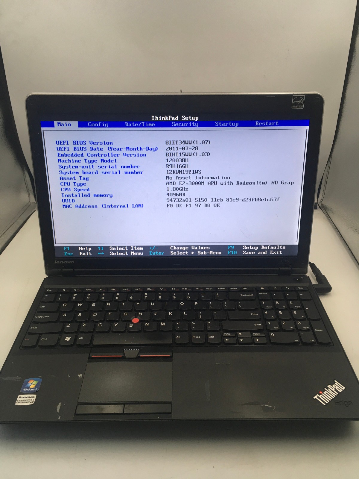 LENOVO THINKPAD E525 – BOOTS TO BIOS – AMD E2 3000M – 4GB RAM – 15″ – READ – BB!