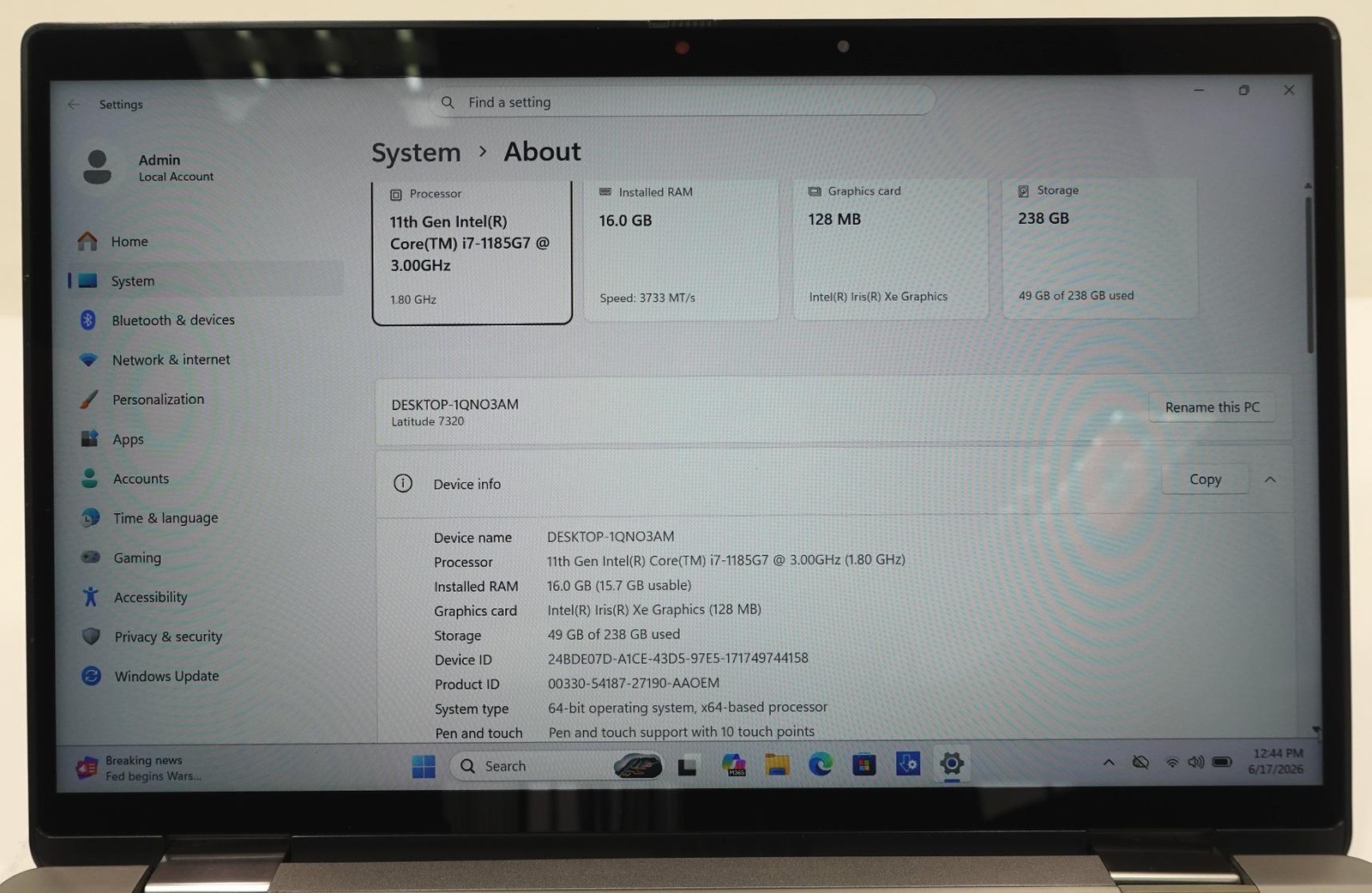 Dell Latitude 7320 13.3″ Core I7-1185G7 3.00GHz 16GB 256GB SSD Laptop