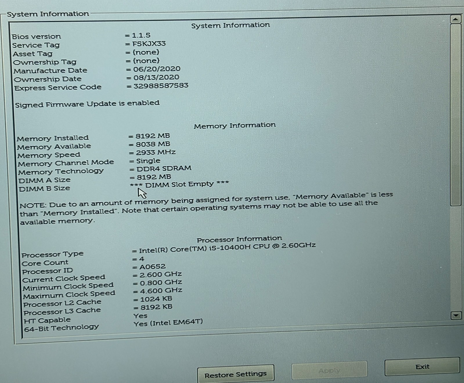 Dell Precision 3551 15.6″ i5-10400H 2.6GHz 8GB RAM No SSD No OS Laptop
