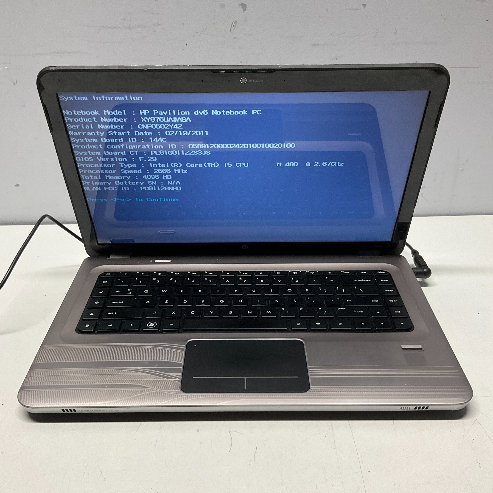 HP PAVILION DV6 Laptop Intel Core i5-M480 @ 2.67 GHz 4GB NO HDD/BATTERY