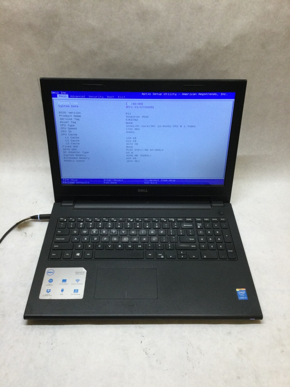 Inspiron 15 3542 Laptop i3-4005U 1.7GHz 4GB RAM NO HDD NO OS Boots to BIOS – -DW
