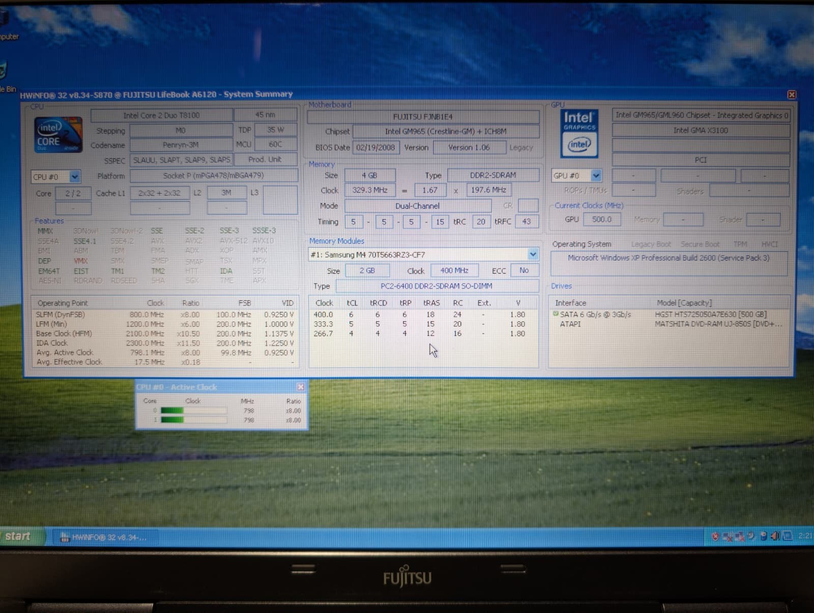 15″ FUJITSU LIFEBOOK A6120 | Core 2 Duo T8100 4GB RAM 500GB HDD | XP 32-Bit DVD