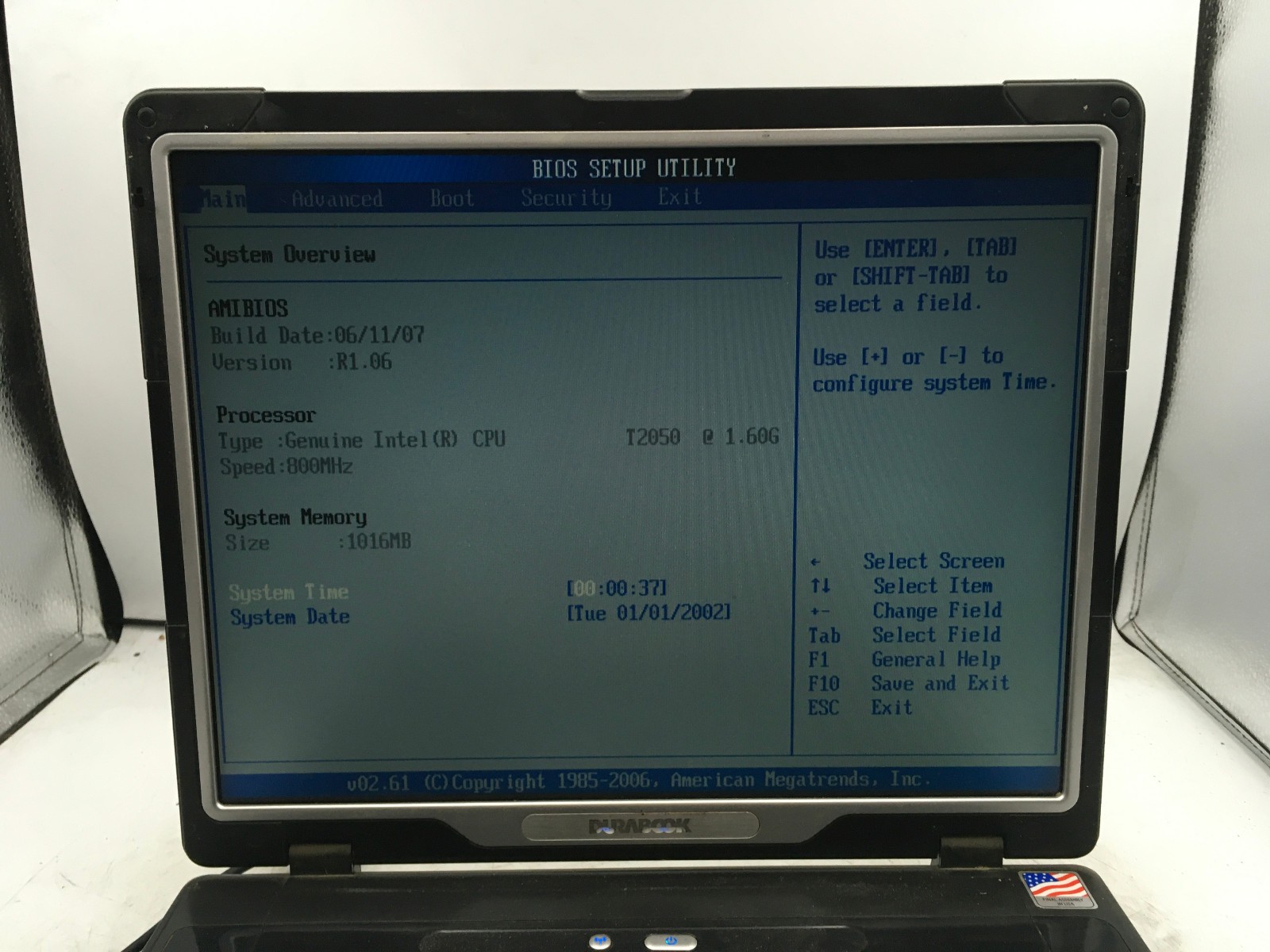DURABOOK S14Y NOTEBOOK -BOOTS TO BIOS- INTEL CORE 2 DUO T2050 – 1GB RAM -READ-BB