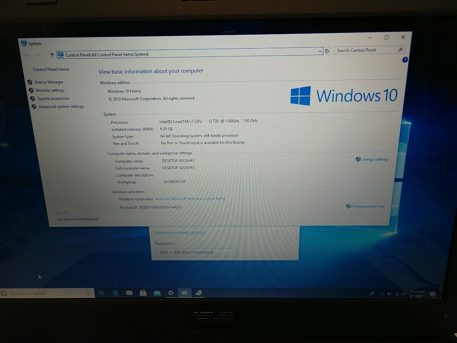 ASUS G73J 17.3″ Intel Core i7 Q720 1.60GHz 6GB DDR3 256GB SSD DVD Win10 AMD 5800