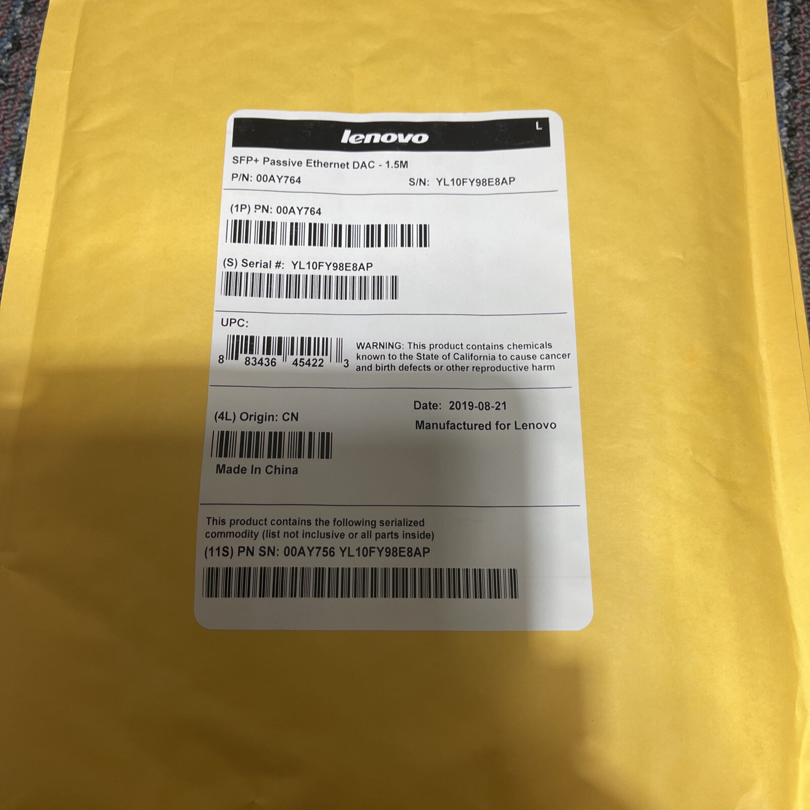 Lenovo 00AY764 SPF +Passive Ethernet DAC Brand New Factory Sealed