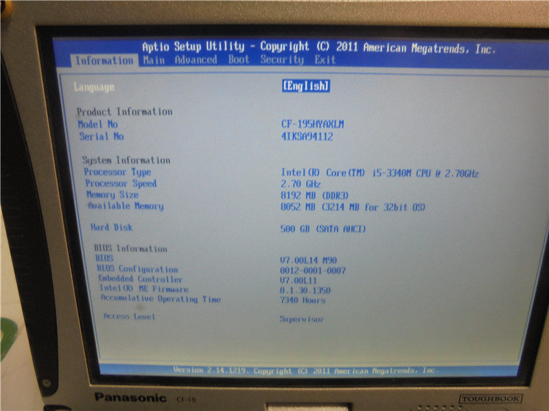Panasonic CF 195HYAXLM Laptop i5-3340M 2.7GHz 8GB RAM 500GB HDD Win 8 Pro COA