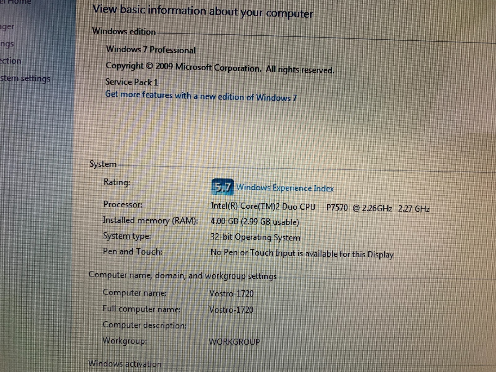 Dell Vostro 1720 Laptop, Intel Core 2 Duo 2.26GHz, 4GB RAM, 256GB SSD, Win7Pro