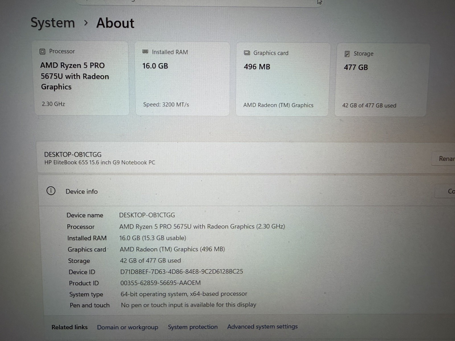 HP ELITEBOOK 655 (G9) 15.6″ HD AMD RYZEN 5 PRO 512GB SSD 16GB RAM WIN11 Pro