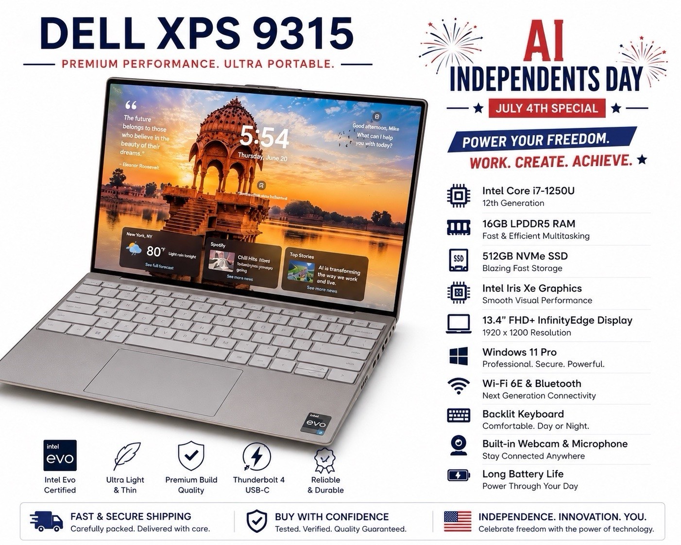 Dell XPS 9315 13.4” i7-1250U 16GB RAM 512GB SSD Win11 Pro Intel Evo FHD