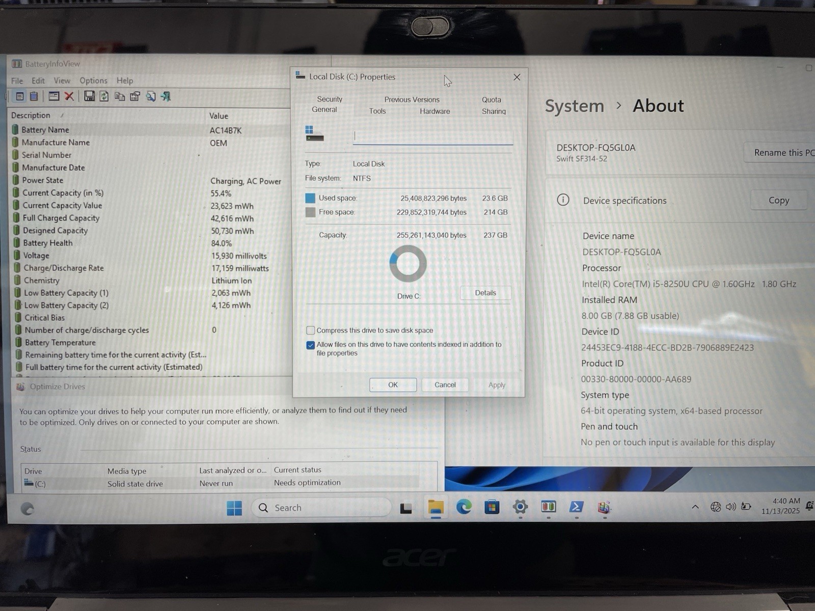 Acer Swift 3 SF314-52 Intel core i5-8250U@1.60 8GB RAM 256GB SSD W11P