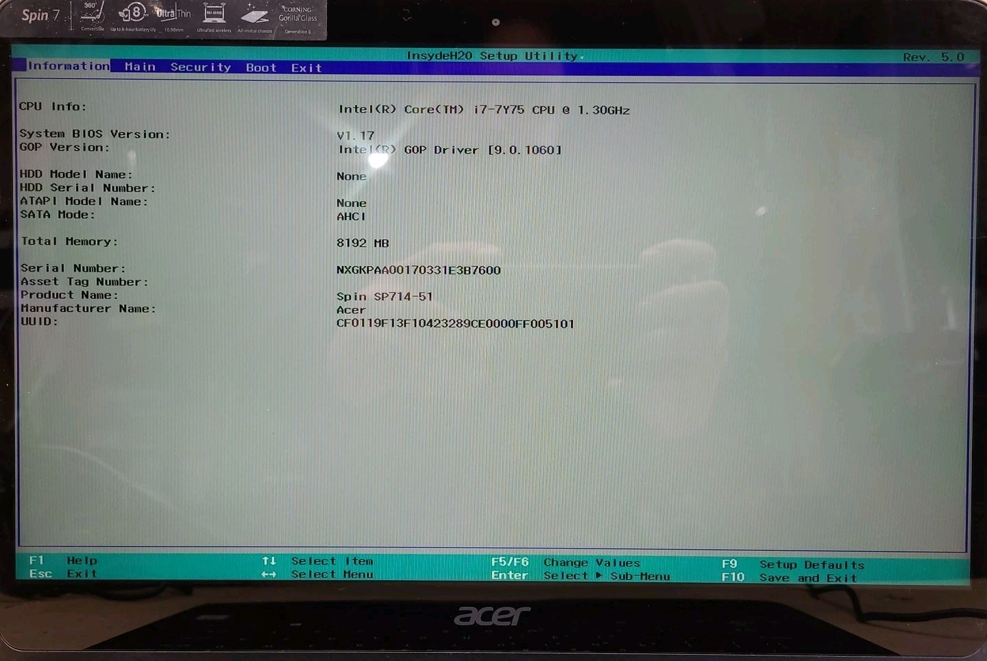ACER Spin 7, Intel Core i7-7Y75 @ 1.3GHz, 8GB RAM, NO SSD, NO OS *READ*