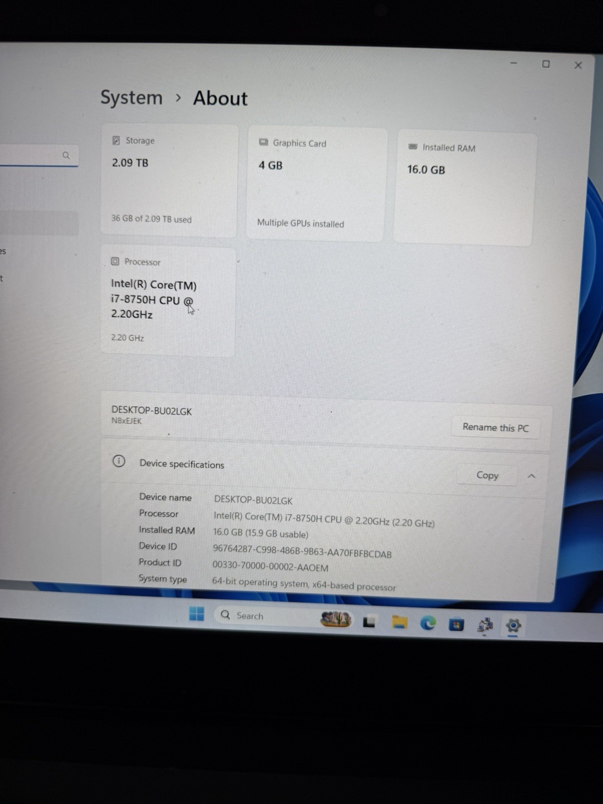 Note N850EJ 15.6″ Laptop i7-8750H 16GB RAM 250GB RTX 1050 4GB Win 11 Pro