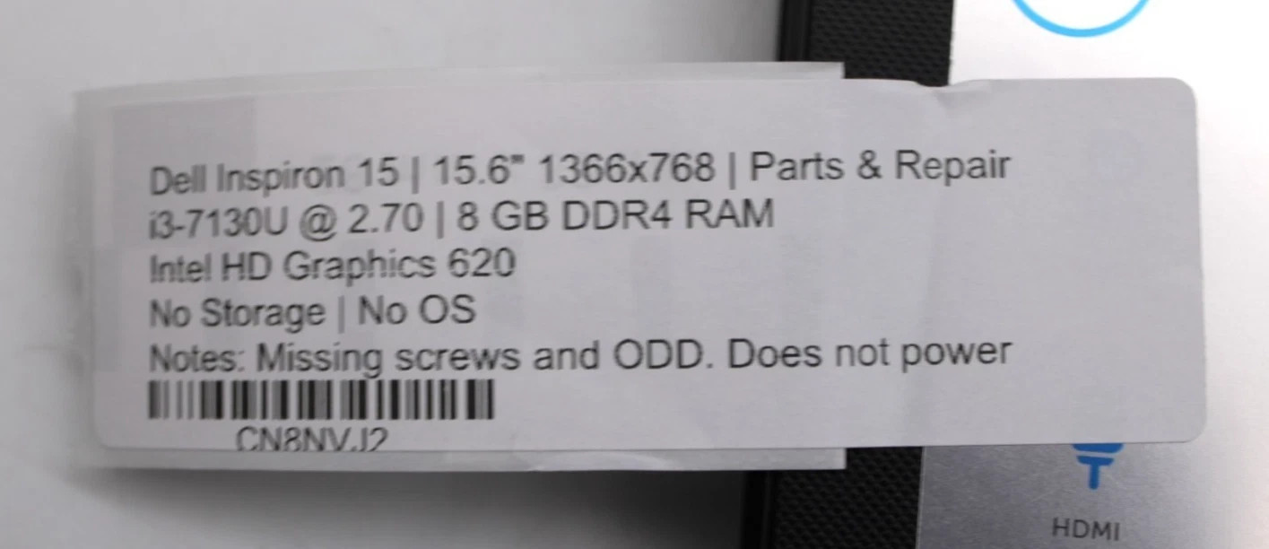 Dell Inspiron 15-i3-7130U@2.7GHz-8GB DDR4 RAM-NO STORAGE/OS *PARTS/REPAIR*READ*